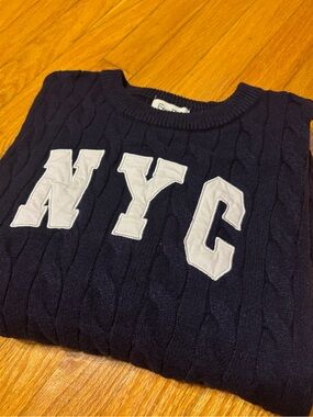 Women’s Navy Cable Knit Crewneck Sweater with NYC Appliqué